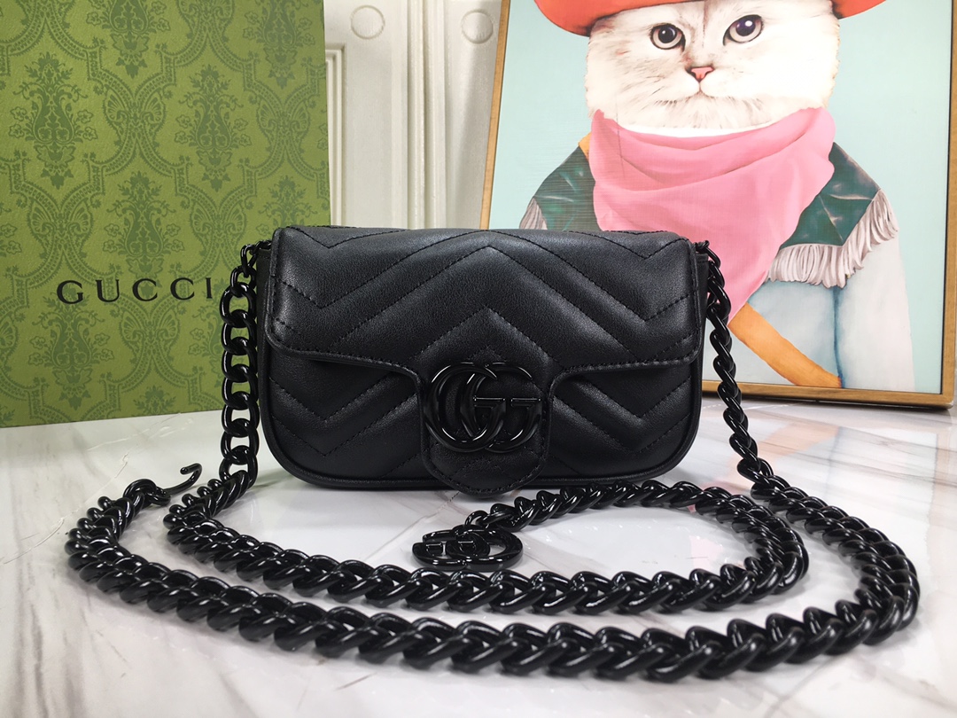 GUCCI WOMEN’S NATURAL GG MARMONT LEATHER BAG BLACK 16.5CM ?699757 UM8KV ...